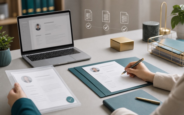 Documents d’inscription candidat préparés sur un bureau de recrutement